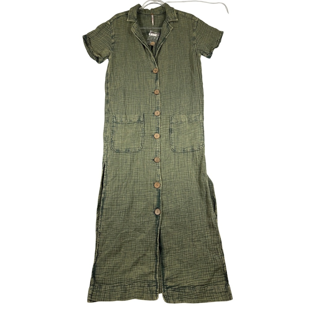 Free People Green Cotton Gauze Button Front Maxi Shirtdress Small OB1546940